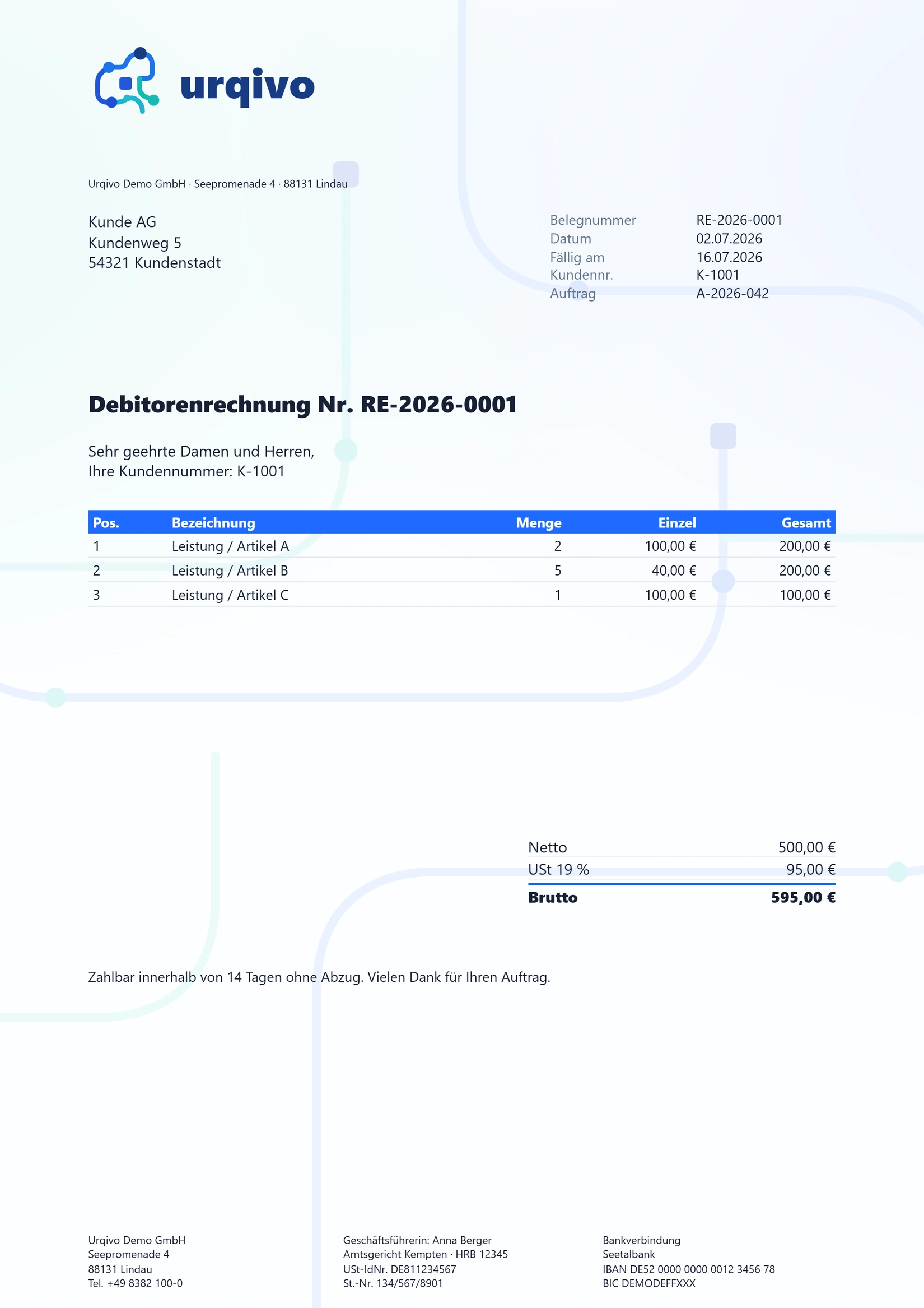 Dieselbe Vorlage gedruckt: „Debitorenrechnung Nr. RE-2026-0001“ an die Kunde AG, fällig am 16.07.2026, „Ihre Kundennummer: K-1001“, drei Positionen, Netto 500,00 €, USt 19 % 95,00 €, Brutto 595,00 € und im Fuß Amtsgericht Kempten, USt-IdNr. DE811234567, IBAN DE52 0000 0000 0012 3456 78.