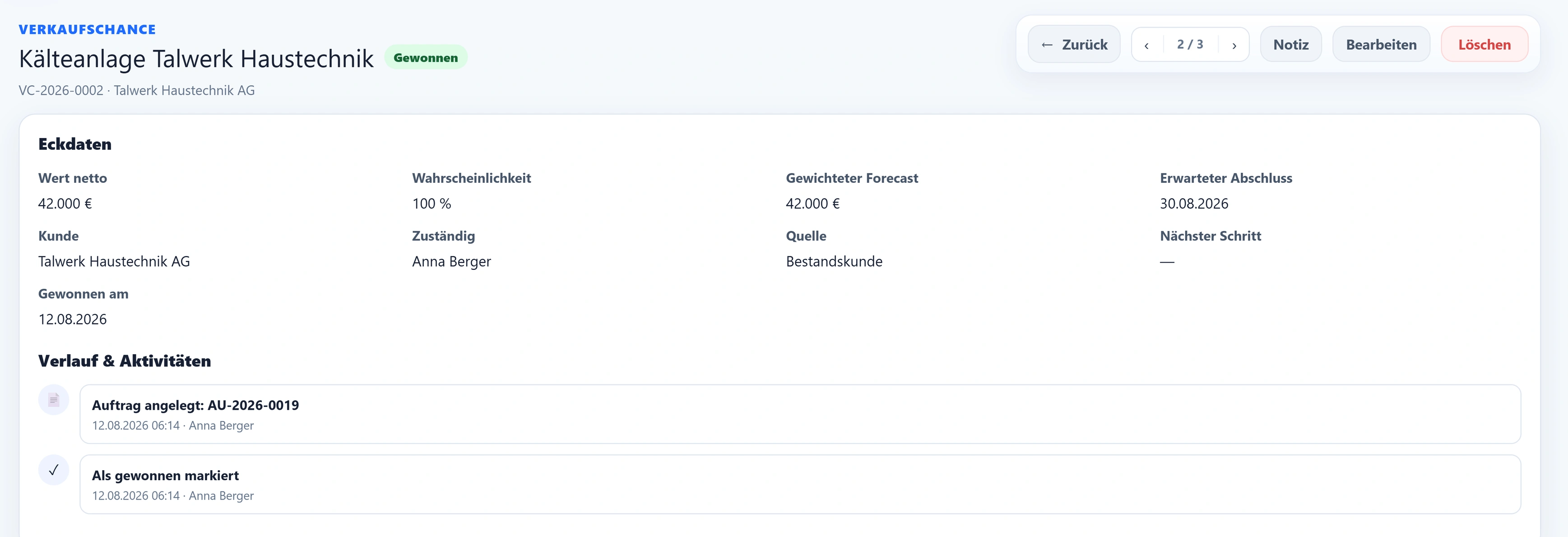 Die Verkaufschance VC-2026-0002 „Kälteanlage Talwerk Haustechnik“ mit dem Status Gewonnen: Wert netto 42.000 €, Wahrscheinlichkeit 100 %, gewonnen am 11.08.2026 – im Verlauf „Auftrag angelegt: AU-2026-0019“ und „Als gewonnen markiert“, beide von Anna Berger.