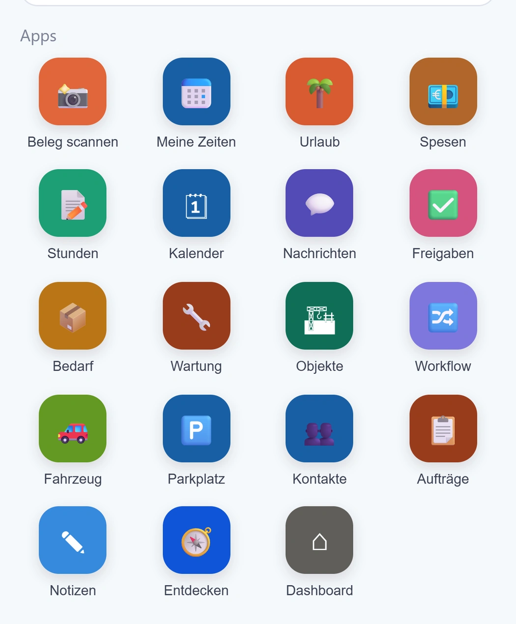 Der Startbildschirm von urqivo auf dem Telefon mit 19 App-Kacheln: Beleg scannen, Meine Zeiten, Urlaub, Spesen, Stunden, Kalender, Nachrichten, Freigaben, Bedarf, Wartung, Objekte, Workflow, Fahrzeug, Parkplatz, Kontakte, Aufträge, Notizen, Entdecken und Dashboard.